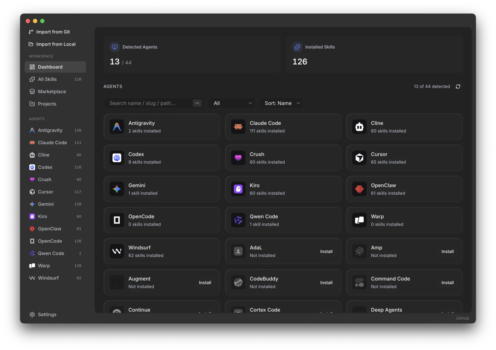 Skiller dashboard showing detected coding agents and their skill counts
