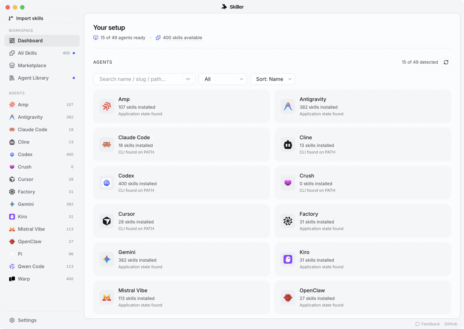 Skiller Dashboard: detected coding agents and the skills available to each