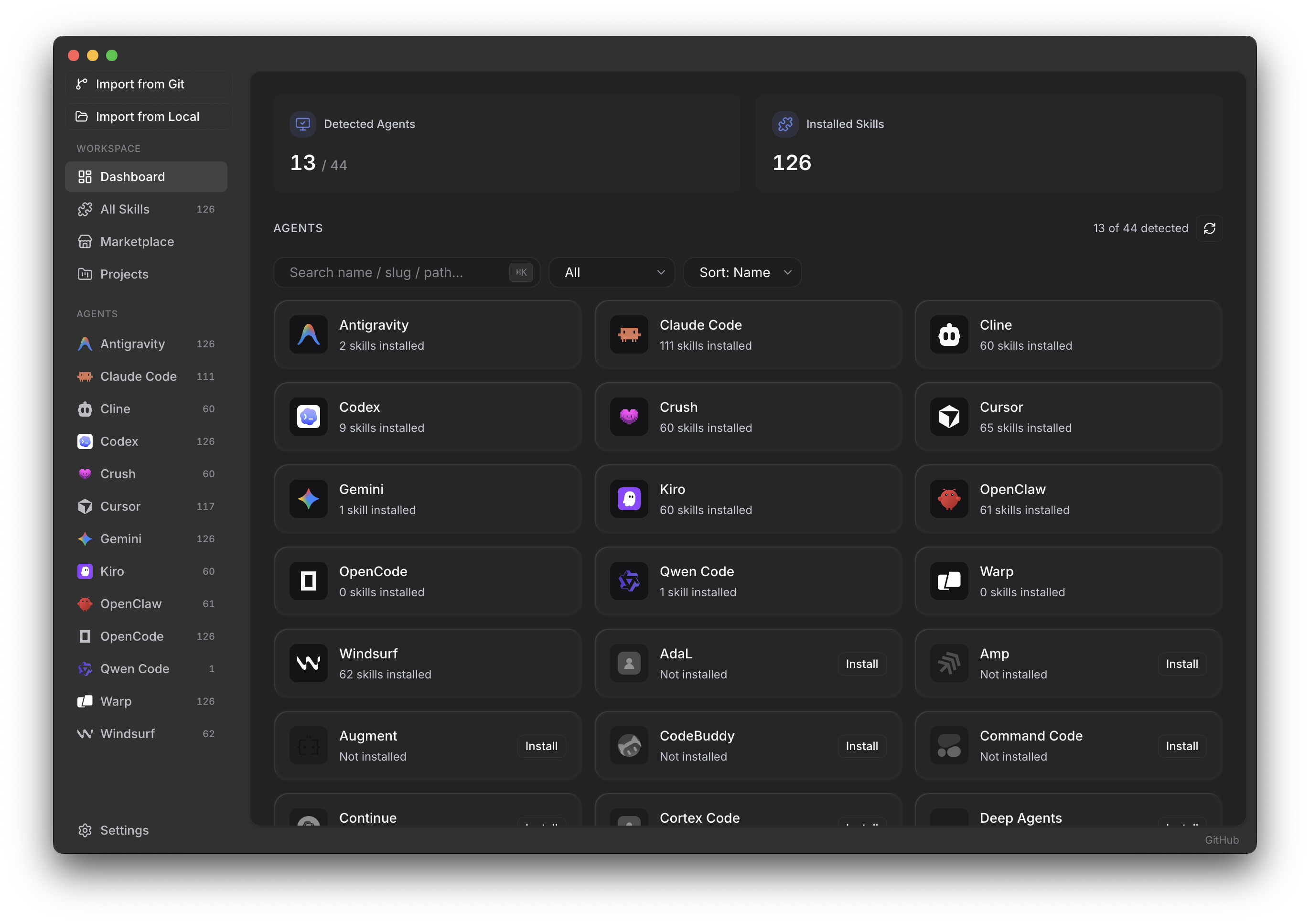 Skiller app: Dashboard with detected agents and installed skills