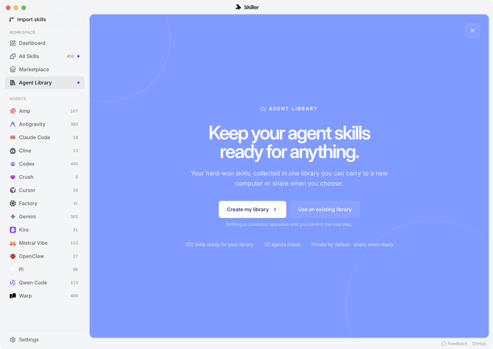 Agent Library welcome screen with options to create a library or use an existing library