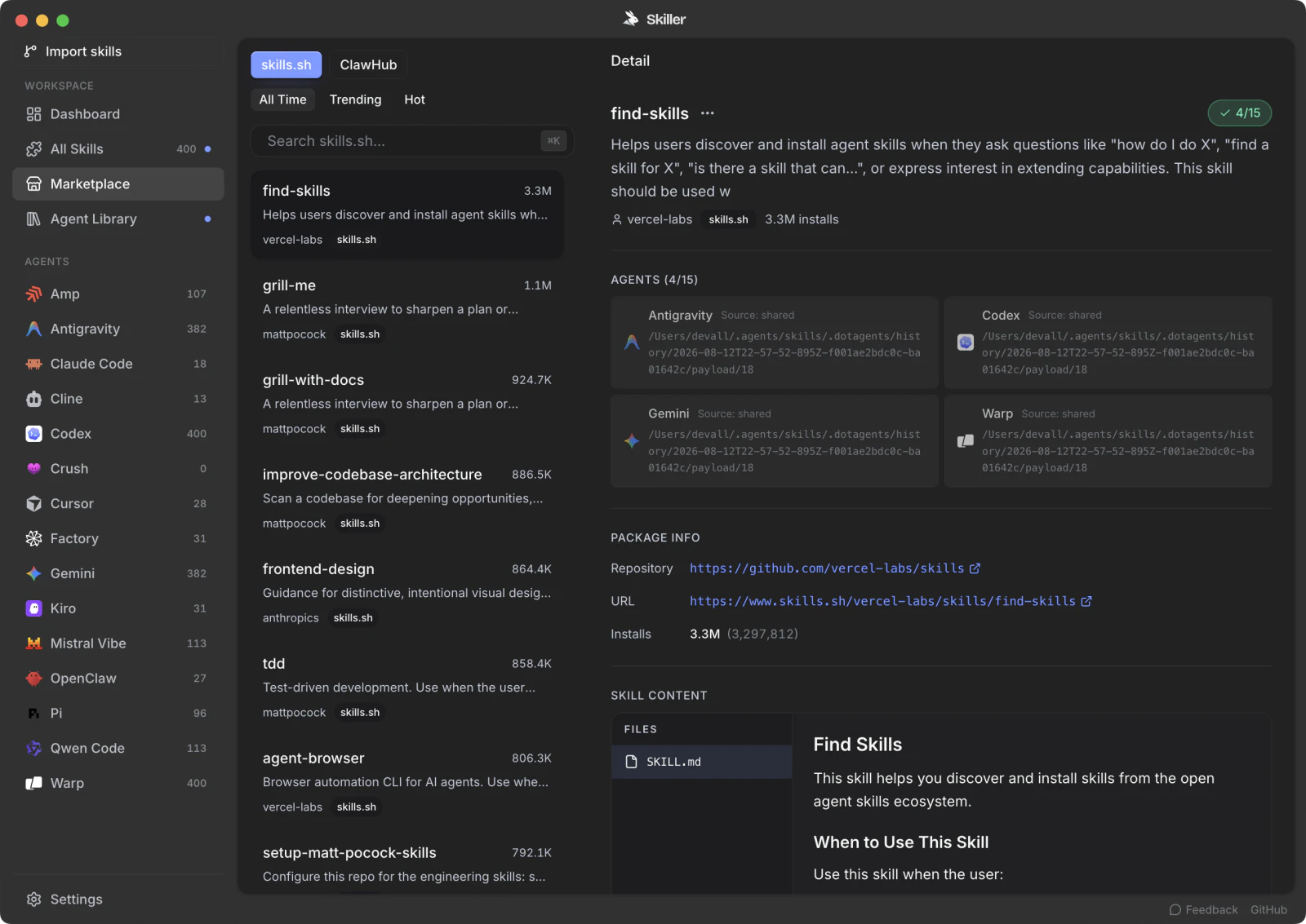 Skiller Marketplace showing skills.sh, ClawHub and skill details
