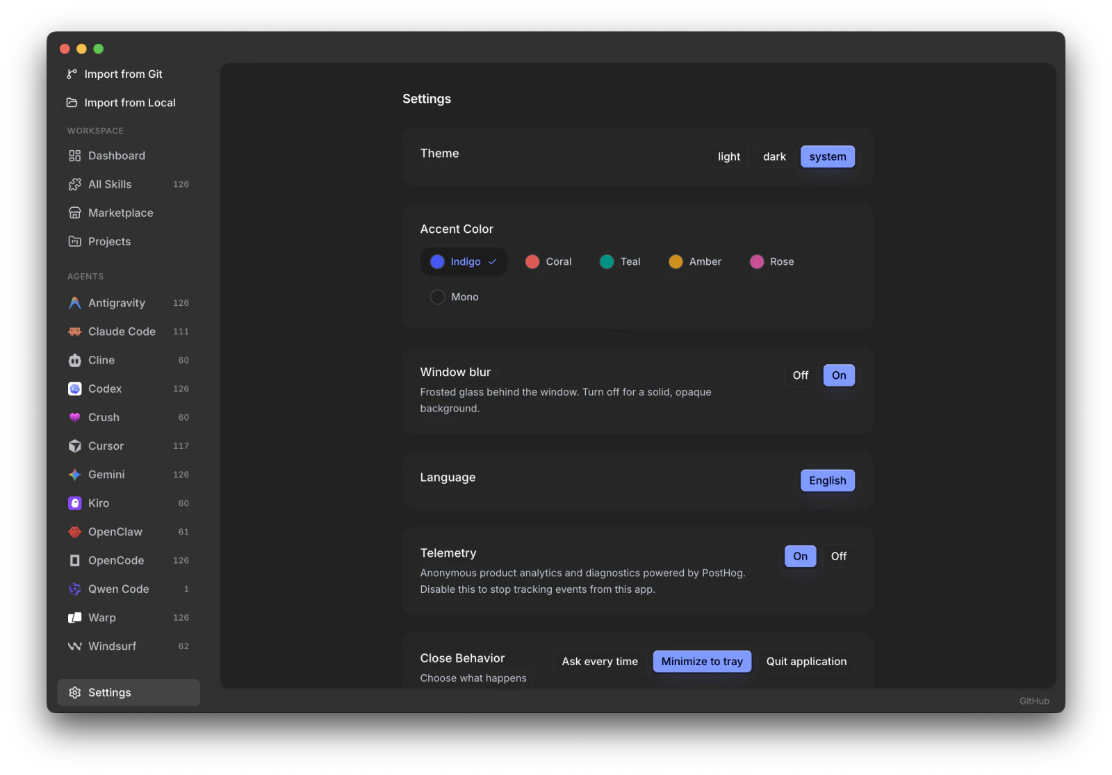 Skiller Settings: appearance, preferences and app updates