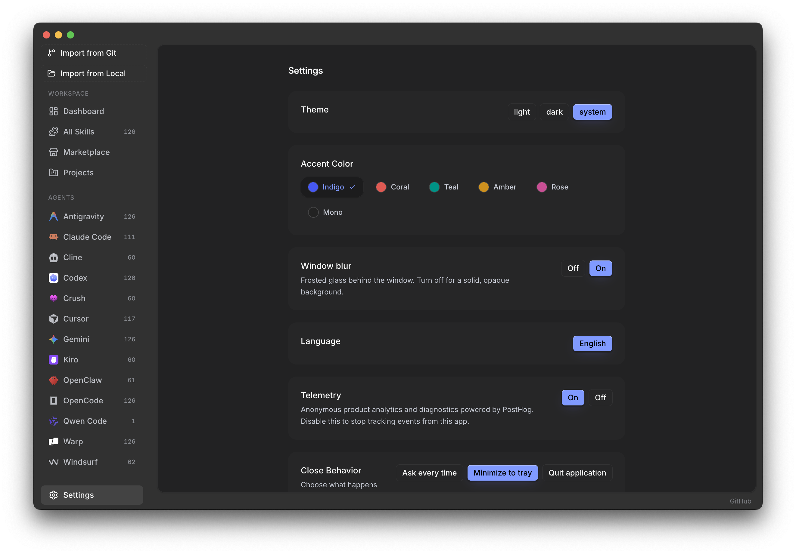 Skiller Settings: theme, updates, and preferences