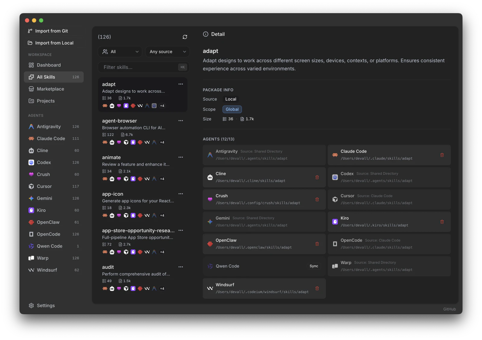 Skiller Skills Manager with a skill list, agent targets and a Markdown editor