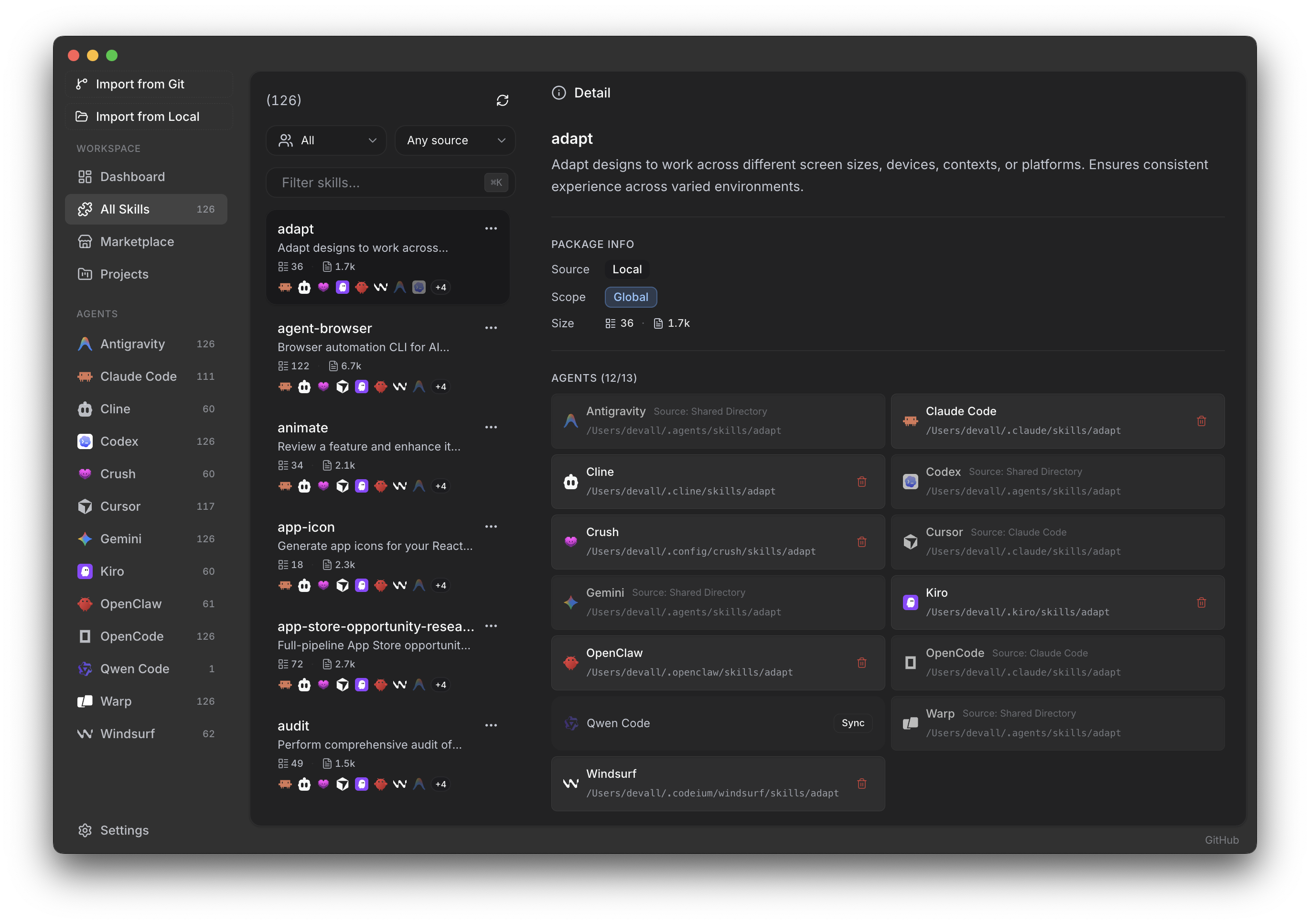 Skiller Skills Manager: skill list, agents, and markdown editor